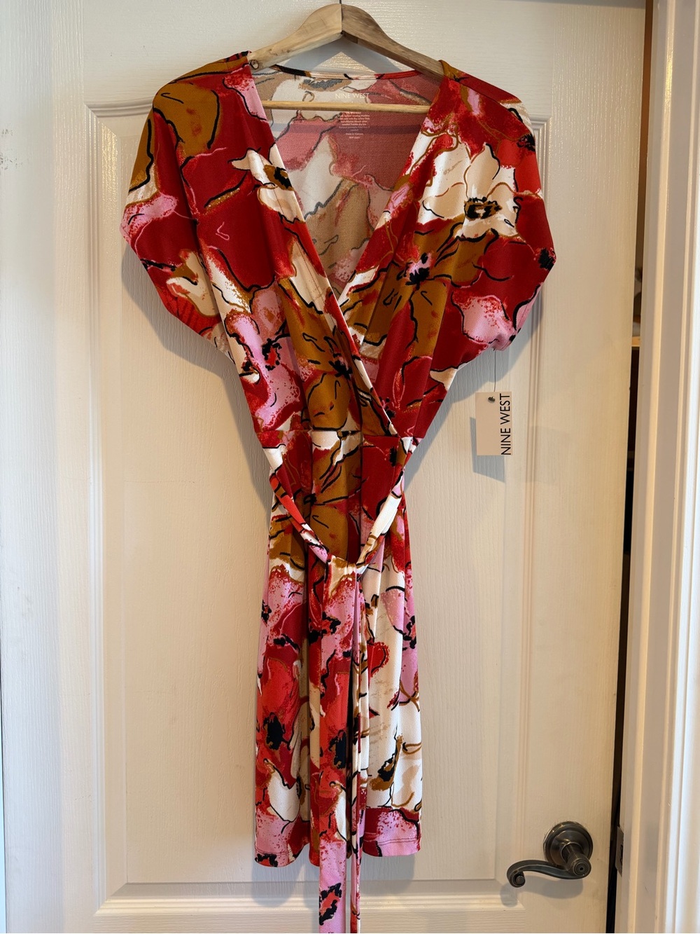 Nine West Red and Pink Floral Wrap Midi Dress